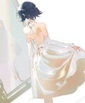  1girl adjusting_dress back_bow back_cutout black_hair bleach bow clothing_cutout detached_sleeves dress dutch_angle ebi_draw facing_away looking_at_mirror mirror short_hair solo sui-feng wedding_dress white_bow white_dress 