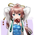  1girl aqua_eyes baku_(burst) blue_camisole brown_hair camisole cloud_print collared_shirt comb dress_shirt flat_chest green_necktie hair_ribbon highres holding holding_hair kantai_collection kazagumo_(kancolle) kazagumo_kai_ni_(kancolle) long_hair mouth_hold necktie one-hour_drawing_challenge open_clothes open_shirt ponytail ribbon shirt smile solo undone_necktie upper_body white_shirt 