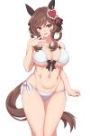  absurdres animal_ears bikini blush braid breasts brown_hair ear_covers gentildonna_(umamusume) hair_ornament hair_ribbon hakutaqanta hand_on_own_face heart heart_hair_ornament highres horse_ears horse_girl horse_tail large_breasts looking_at_viewer medium_hair navel open_mouth red_eyes ribbon simple_background smile swimsuit tail toned umamusume white_background white_bikini 