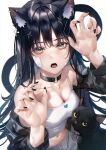  1girl animal_ear_fluff bandaid bandaid_on_face black_cat black_hair black_jacket black_nails breasts camisole cat cat_girl choker claw_pose cleavage ear_piercing earrings fingernails grey_pants highres jacket jewelry long_fingernails long_hair looking_at_viewer medium_breasts mhru midriff navel open_clothes open_jacket open_mouth original pants piercing ring sleeveless solo spaghetti_strap sweatpants white_camisole 