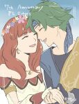  1boy 1girl alm_(fire_emblem) alm_(valentine)_(fire_emblem) bare_shoulders black_shirt blunt_bangs blurry blurry_background celica_(fire_emblem) celica_(valentine)_(fire_emblem) fire_emblem fire_emblem_echoes:_shadows_of_valentia fire_emblem_heroes flower green_hair highres medium_hair official_alternate_costume open_mouth red_hair shirt smile tea6043 twitter_username upper_body 