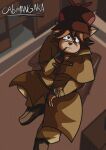 absurd_res anime_style black_eyes bottomwear brown_body brown_clothing brown_footwear brown_fur brown_hair brown_shoes cabimangaka canid canine canis clothed clothing coat detective detective_hat domestic_dog footwear fur furniture hair headgear headwear hi_res high-angle_view male mammal object_in_mouth pants shaded sherlock_hound sherlock_hound_(series) shoes signature sitting smoking_pipe smoking_pipe_in_mouth sofa solo tan_bottomwear tan_clothing tan_pants topwear trenchcoat