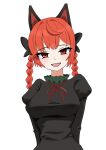  1girl :d ahoge animal_ears black_bow bow braid breasts cat_ears cat_girl commentary fang hair_bow highres kaenbyou_rin large_breasts long_sleeves looking_at_viewer open_mouth pochipechi056 red_eyes red_hair side_braids smile solo touhou twin_braids upper_body 