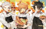  1girl 2boys anpan apron baguette basket black_apron black_eyes black_hair bread bread_slice brioche bun_(food) burger commentary croissant emma_(yakusoku_no_neverland) food green_eyes holding holding_basket holding_tray looking_at_viewer melon_bread multiple_boys norman_(yakusoku_no_neverland) number_tattoo orange_hair pancake ray_(yakusoku_no_neverland) sapphire_(nine) short_hair symbol-only_commentary tattoo toast tray waiter waitress yakusoku_no_neverland 