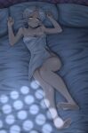  1girl absurdres arms_up bare_arms bare_legs bare_shoulders barefoot bed bed_sheet danny_nwn elf feet highres indoors looking_at_viewer lying mushoku_tensei naked_towel no_bra no_panties on_back on_bed pillow pointy_ears red_eyes short_hair soles sylphiette_(mushoku_tensei) toes towel water_drop white_hair white_towel 
