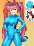  2girls anger_vein animal_ears blue_bodysuit bodysuit breasts brown_hair daiwa_scarlet_(umamusume) fang hands_on_own_hips highres horse_ears horse_girl looking_at_viewer multiple_girls open_mouth pokemon pokemon_(creature) quagsire red_eyes skin_tight tiara twintails umamusume vodka_(umamusume) wata_nuki 