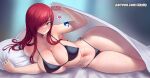  1girl absurdres arm_tattoo bikini black_bikini blush breasts brown_eyes cleavage closed_mouth commentary curvy dayby erza_scarlet fairy_tail hair_over_one_eye heart highres huge_breasts looking_at_viewer lying micro_bikini navel on_side patreon_username pillow pubic_hair pubic_hair_peek red_hair solo spoken_heart stomach sweat swimsuit tattoo thighs under_covers web_address wide_hips 