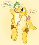  anthro balls barefoot blush bodily_fluids casual_erection casual_nudity duo erection eyepatch_koopa_(tsmbm) feet freckled_face freckles genital_fluids genitals humanoid_genitalia humanoid_hands humanoid_penis koopa koopa_troopa male manchotchaud mario_bros nintendo nipples nude penis reptile scalie simple_background speech_bubble tail 