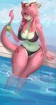 ajisai_(bat_squeaks_) anthro beach bedroom_eyes beverage big_breasts big_butt breasts butt claws clothed clothing container cup dragon drinking_glass female glass glass_container glass_cup hair hi_res kurobattohell looking_at_viewer mature_female mythological_creature mythological_scalie mythology narrowed_eyes pool poolside scalie sea seductive solo thick_thighs water