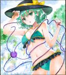  1girl :o ass_visible_through_thighs bikini black_hat bow breasts cleavage cowboy_shot frilled_bikini frills front-tie_bikini_top front-tie_top green_bikini green_eyes green_hair hajike_akira hat hat_bow highres komeiji_koishi looking_at_viewer navel shikishi short_hair side-tie_bikini_bottom small_breasts solo sun_hat swimsuit touhou traditional_media yellow_bow 