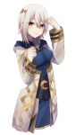  1girl absurdres apricot0606 breasts fire_emblem fire_emblem_heroes gold_trim grey_hair highres hood hood_down hooded_robe kiran_(female)_(fire_emblem) kiran_(fire_emblem) large_breasts looking_at_viewer robe solo upper_body white_robe yellow_eyes 