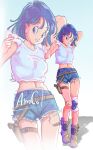  1girl absurdres amachu_a arm_behind_head bandaid bandaid_on_knee bandaid_on_leg blue_eyes blue_hair blue_shorts boots breasts bulma commentary covered_nipples dragon_ball dragon_ball_(classic) gun handgun highres holster holstered knee_pads medium_breasts midriff navel shirt short_hair short_shorts shorts single_knee_pad smile solo t-shirt thigh_holster tied_shirt torn_clothes torn_shorts weapon zoom_layer 