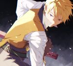  1boy black_background blonde_hair blue_eyes brown_gloves collared_shirt drawing_sword gloves grey_pants guy_cecil holding holding_sword holding_weapon long_sleeves looking_to_the_side male_focus natsu_(pan_to_peanut) pants sheath sheathed shirt smile solo sword tales_of_(series) tales_of_the_abyss vest weapon white_shirt yellow_vest 