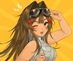  1girl arm_up blush borrowed_character brown_hair brown_nails goggles goggles_on_head hair_ornament heart heart_hair_ornament highres juyeobie long_hair looking_at_viewer nanaco_(hott0g111) one_eye_closed open_mouth original simple_background sleeveless smile solo yellow_background 