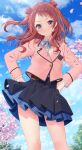  1girl blue_eyes blue_skirt blue_sky blush brown_hair cherry_blossoms gakuen_idolmaster hanami_saki hatsuboshi_gakuen_school_uniform idolmaster jacket long_hair looking_at_viewer outdoors pink_jacket school_uniform skirt sky smile solo two_side_up yano_mitsuki_(nanairo) 