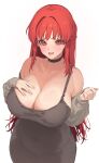  1girl absurdres black_choker blush breasts choker cleavage curvy dress hand_on_own_chest highres huge_breasts last_origin leprechaun_(last_origin) long_hair looking_at_viewer open_mouth red_eyes red_hair shade_of_trees simple_background solo white_background 