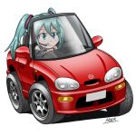  1girl artist_name blue_eyes blue_hair car convertible detached_sleeves driving grey_shirt hatsune_miku highres licking_lips motor_vehicle noerartworks red_car shadow shirt simple_background sleeveless sleeveless_shirt solo steering_wheel suzuki_(company) suzuki_cappuccino tongue tongue_out twintails vehicle_focus vocaloid white_background 