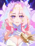  1girl bare_shoulders breasts cleavage dress elf elysia_(honkai_impact) fang flower flower_on_head gloves go_satoshi_ko hair_between_eyes hand_around_neck highres honkai_(series) honkai_impact_3rd looking_at_viewer open_mouth pink_eyes pink_hair pink_pupils pointy_ears skin_fang veil white_gloves 
