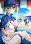  1girl absurdres ahoge artoria_pendragon_(fate) bad_id bad_pixiv_id baseball_cap beer_can bikini blonde_hair blue_eyes blue_hat blue_jacket blush breasts can cleavage cropped_jacket drink_can fate/grand_order fate_(series) hair_between_eyes hair_through_headwear hat highres jacket large_breasts len_(hand_linke) long_hair long_sleeves looking_at_viewer mysterious_heroine_xx_(fate) ponytail shrug_(clothing) sidelocks sitting smile solo swimsuit thighs white_bikini wristband 