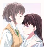  2girls absurdres bang_dream! bang_dream!_it&#039;s_mygo!!!!! blush brown_hair brown_sweater_vest closed_eyes closed_mouth collared_shirt green_necktie grey_hair hanasakigawa_school_uniform hand_on_another&#039;s_shoulder haneoka_school_uniform heart highres kiss kissing_forehead mole mole_under_eye multiple_girls necktie purple_eyes raito_taisha school_uniform shiina_taki shirt simple_background sweater_vest takamatsu_tomori white_background white_shirt yuri 