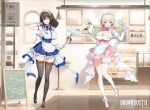  2girls apron arm_behind_head armpits artist_request black_footwear black_hair black_thighhighs blonde_hair blue_bow blue_bowtie blue_dress blue_eyes blue_gemstone blush bow bowtie breasts brown_dust_2 brown_eyes cafe cake chalkboard_sign character_doll cleavage copyright_name cream_on_breasts cupboard demon_horns display_case dress duster embarrassed eyebrows_hidden_by_hair food gem gloves hair_between_eyes high_heels holding holding_duster holding_tray holding_whisk horns justia_(brown_dust) large_breasts large_ribbon maid maid_apron maid_headdress multiple_girls official_art open_mouth pink_footwear ribbon scheherazade_(brown_dust) second-party_source short_hair skindentation small_horns standing standing_on_one_leg strawberry_cake teapot thigh_strap thighhighs tray waist_ribbon whisk white_apron white_gloves white_headdress white_ribbon yuri_(brown_dust) 