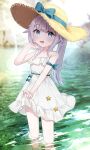  1girl :d absurdres aqua_bow aqua_ribbon arm_ribbon armband blue_eyes blurry blurry_background bow character_request clothes_lift copyright_request day dress dress_bow dress_lift feet_out_of_frame flipped_hair frilled_dress frills grey_hair hand_on_own_face hand_up hat hat_ribbon highres lifted_by_self light_blush long_hair looking_at_viewer lower_teeth_only mer_(mer3in) open_mouth outdoors ponytail ribbon sleeveless sleeveless_dress smile solo spaghetti_strap standing star_ornament strap_slip straw_hat sundress teeth wading waist_ribbon water wet white_dress 