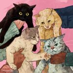  1:1 2024 absurd_res album_cover ambiguous_gender black_body black_fur black_nose blue_eyes catwheezie clothing cover domestic_cat felid feline felis feral fur grey_body grey_fur group hi_res holding_another holding_up human mammal multicolored_body multicolored_fur neko_to_allergy offscreen_character pawpads pink_background pink_nose pink_pawpads real_world simple_background white_body white_fur yellow_body yellow_eyes yellow_fur 