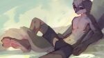 16:9 anthro black_sclera bottomwear bulge canid carbonizedaki clothed clothing floppy_ears fur grey_body grey_bottomwear grey_clothing grey_ears grey_fur grey_shorts hair hi_res male mammal pawpads purple_eyes reclining red_pawpads shorts solo topless white_body white_fur white_hair widescreen