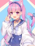  1girl :d absurdres anchor_hair_ornament animal_ear_fluff animal_ears blue_bow blue_bowtie blue_hair blue_hairband blue_ribbon blue_sailor_collar blue_skirt blush bow bowtie braid breasts buttons cat_ears cat_tail claw_pose fang frilled_jacket frilled_sailor_collar frills hair_ornament hairband hand_up highres hololive jacket long_hair long_sleeves looking_at_viewer medium_breasts minato_aqua minato_aqua_(sailor) multicolored_hair neck_ribbon open_clothes open_jacket open_mouth pink_eyes pink_hair pleated_skirt ribbon sailor_collar selfie shiromi_illust skin_fang skirt smile solo streaked_hair tail tail_ornament tail_raised tail_ribbon twin_braids two-tone_hair upper_body white_jacket white_sleeves 