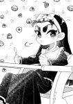  1girl bib black_hair bow dated food fork greyscale hair_bow headband highres holding holding_fork houkago_himitsu_club long_hair looking_at_viewer mizukiebiebi monochrome onigiri school_uniform sitting solo thick_eyebrows 