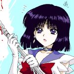  1girl :o bad_id bishoujo_senshi_sailor_moon blood blood_on_weapon blue_background blunt_ends blush bob_cut bow bowtie brooch choker close-up commentary glaive_(polearm) gloves holding holding_weapon incoming_attack jewelry leotard light_blush looking_afar looking_ahead lowres magical_girl notice_lines oekaki open_mouth pixel_art polearm portrait purple_choker purple_eyes purple_hair purple_sailor_collar red_bow red_bowtie sailor_collar sailor_saturn sailor_senshi_uniform short_hair shou_(akuma_no_ryouiki) silence_glaive sleeveless solo star_(symbol) star_brooch star_choker tiara tomoe_hotaru translated weapon white_background white_gloves white_leotard 
