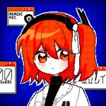  1girl adachi_rei black_shirt blue_background character_name closed_mouth dithering hair_between_eyes hair_ribbon headlamp jacket looking_at_viewer medium_hair mo_(maretufa) one_side_up open_clothes open_jacket orange_eyes orange_hair outline pixel_art radio_antenna ribbon shirt solo turtleneck upper_body utau white_jacket white_outline white_ribbon window_(computing) 