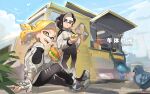  2boys :d artist_name bird black_hair black_pants blonde_hair blue_sky burger chinese_commentary commentary_request ed_(jinko) fingerless_gloves food gloves grey_eyes highres holding holding_food inkling inkling_girl inkling_player_character jacket jellyfish_(splatoon) jinkobanana medium_hair multiple_boys outdoors pants pigeon pointy_ears short_ponytail simple_bird sitting sky smile splatoon_(series) standing teeth tentacle_hair torn_clothes torn_pants twitter_username upper_teeth_only white_gloves white_jacket yellow_eyes 