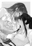  2girls chinese_commentary collared_shirt commentary_request commission forehead-to-forehead grey_hair heads_together highres long_hair long_sleeves multiple_girls open_collar parted_lips path_to_nowhere ponytail rahu_(path_to_nowhere) rekari_(rekari628) scar scar_across_eye shalom_(path_to_nowhere) shirt smile twitter_username upper_body yuri 