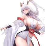  1girl absurdres alternate_breast_size azur_lane bare_shoulders blush breasts clothes_lift curious detached_sleeves dragon_girl dragon_horns dress from_below from_side groin hair_on_horn highres hip_focus horns huge_breasts leaning_forward long_hair long_sleeves looking_at_viewer looking_down midriff_peek navel_peek no_bra no_panties outstretched_arms parted_lips revealing_clothes see-through see-through_sleeves shimanto_(azur_lane) short_dress sideboob slit_pupils solo staring thighs underboob upskirt white_dress wide_sleeves yuuki_shuri 