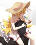  1boy 1girl ahoge araragi_koyomi bare_shoulders bicycle bicycle_basket black_hair blonde_hair blush dress eating food hat head_hug highres holding holding_food holding_popsicle long_hair looking_to_the_side monogatari_(series) naoetsu_high_school_uniform oshino_shinobu popsicle riding school_uniform sleeveless sleeveless_dress sun_hat tesin_(7aehyun) tongue tongue_out white_dress yellow_eyes 