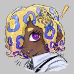  ! 1girl artist_name black_necktie blonde_hair collared_shirt dark-skinned_female dark_skin grey_background hair_over_one_eye highres multicolored_hair necktie parted_lips portrait purple_eyes shirt simple_background solo splatoon_(series) splatoon_3 straberrymiilk_(artist) tao_blu_(splatoon) tentacle_hair white_shirt 