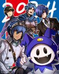  2024 4boys alain_(unicorn_overlord) atlus black_hair black_suit blue_background blue_cape blue_eyes blue_hair cape commentary company_connection english_commentary fangs gekkoukan_high_school_uniform gzei hair_over_one_eye hairband heterochromia highres jack_frost_(megami_tensei) looking_at_viewer metaphor:_refantazio multiple_boys notice_lines open_mouth persona persona_3 persona_3_reload protagonist_(metaphor:_refantazio) protagonist_(smtv) red_background red_eyes school_uniform shin_megami_tensei shin_megami_tensei_v shirt short_hair smile suit two-tone_background unicorn_overlord white_shirt yellow_eyes yuuki_makoto_(persona_3) 