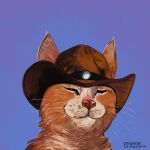 1:1 2020 absurd_res ambiguous_gender artist_name blue_background catwheezie clothing cowboy_hat domestic_cat ears_up eyes_closed felid feline felis feral fur hat headgear headwear hi_res mammal orange_body orange_fur pink_nose signature simple_background solo whiskers white_body white_fur