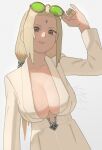  1girl alternate_costume blonde_hair breasts brown_eyes cleavage dress facial_mark forehead_mark green-tinted_eyewear green_nails grey_background highres large_breasts long_hair looking_at_viewer mature_female naruto naruto_(series) niwatori5948 solo tinted_eyewear tsunade_(naruto) white_dress 