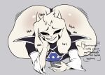 2024 anthro asriel_dreemurr_(god_form) big_butt big_ears black_markings black_sclera boss_monster_(undertale) butt cellphone clothed clothing delta_rune_(emblem) demonkingdaemon digital_media_(artwork) electronics english_text facial_markings front_view grin hand_on_face head_markings head_tuft horn huge_butt ineffective_clothing laugh lying male markings nails on_front phone robe sharp_nails sharp_teeth skimpy smile smug solo symbol teeth text tuft undertale undertale_(series) white_eyes