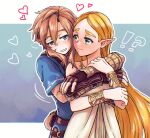 blue_eyes breath_of_the_wild clothing duo elf eye_contact female green_eyes hair heart_symbol hi_res hug humanoid humanoid_pointy_ears hylian light_body light_skin link long_hair looking_at_another male male/female mori_lz nintendo not_furry princess_zelda simple_background the_legend_of_zelda