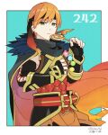  1boy armor black_headband candy fire_emblem fire_emblem_awakening fire_emblem_heroes food gaius_(fire_emblem) gaius_(resplendent)_(fire_emblem) green_eyes headband kitano_ririo lollipop orange_hair scale_armor translation_request 