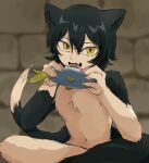  1girl animal_ears black_fur black_hair body_fur brick_wall cat_ears cat_girl cat_tail dungeon_meshi eating fangs fish highres indian_style izutsumi looking_at_viewer maposuke nude open_mouth short_hair sitting solo tail yellow_eyes 