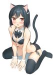  1girl :o absurdres animal_ears apollo_(hu_maple) arched_back black_bow black_bowtie black_bra black_hair black_panties black_thighhighs blush bob_cut bow bowtie bra breasts cat_ears cat_tail cleavage commentary_request detached_collar fang highres kemonomimi_mode leaning_forward love_live! love_live!_nijigasaki_high_school_idol_club medium_breasts mifune_shioriko navel panties partial_commentary paw_print red_eyes shadow short_hair side-tie_panties sitting solo tail thighhighs underwear underwear_only wariza wing_collar wrist_cuffs 