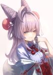  1girl absurdres blue_eyes blue_shirt blush cone_hair_bun hair_bun hair_ornament hair_rings hakama heterochromia highres japanese_clothes jindogod long_hair looking_at_viewer open_clothes open_robe pom_pom_(clothes) pom_pom_hair_ornament purple_shirt purple_tail red_hakama robe shirt simple_background single_off_shoulder solo stellive tenko_shibuki thick_eyelashes virtual_youtuber white_background wide_sleeves yellow_eyes 