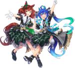  2girls :d @_@ ahoge animal_ears aqua_hair arm_up badge belt black_footwear black_jacket blue_eyes blue_hair boots bow brown_eyes clenched_hands crossed_bangs ear_covers frilled_sleeves frills full_body fur_trim gloves green_skirt grey_bow hair_bow hand_up heterochromia high_heel_boots high_heels horse_ears horse_girl horse_tail jacket lapels leg_up long_hair looking_at_viewer multicolored_hair multiple_girls nice_nature_(umamusume) official_alternate_costume official_art open_hand open_mouth outline outstretched_arm plaid plaid_skirt purple_eyes red_hair red_outline sharp_teeth short_sleeves sidelocks skirt smile splendor_of_onyx_(umamusume) streaked_hair striped_bow tail tassel teeth transparent_background twin_turbo_(umamusume) twintails two-tone_hair umamusume upper_teeth_only very_long_hair white_gloves 