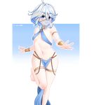  1girl :d absurdres ahoge alternate_costume armlet bare_shoulders barefoot blue_eyes blue_hair bracelet breasts brooch commentary dancer foot_out_of_frame furina_(genshin_impact) genshin_impact hair_intakes halterneck highres jewelry loincloth looking_at_viewer mouth_veil multicolored_hair navel neck_ring open_mouth short_hair small_breasts smile solo standing standing_on_one_leg stomach streaked_hair thighlet thighs veil white_hair xxx_da_n00b_xxx 