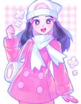  1girl :d bag beanie black_hair bright_pupils buttons clenched_hand coat commentary_request dawn_(pokemon) duffel_bag flower_(symbol) hair_ornament hairclip hand_up happy hat highres iro_(mywife_sunny) long_hair long_sleeves looking_at_viewer open_mouth pink_coat plaid plaid_background pokemon pokemon_dppt pokemon_platinum scarf sidelocks smile solo teeth upper_teeth_only white_bag white_hat white_pupils white_scarf 