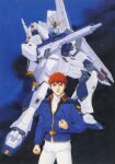  1990s_(style) 1boy amuro_ray beam_rifle char&#039;s_counterattack clenched_hands curly_hair energy_gun english_commentary gundam hi-nu_gundam highres jacket kitazume_hiroyuki looking_at_viewer mecha military military_uniform mobile_suit nebula official_art painting_(medium) red_hair retro_artstyle robot scan serious space starry_background traditional_media uniform v-fin weapon 